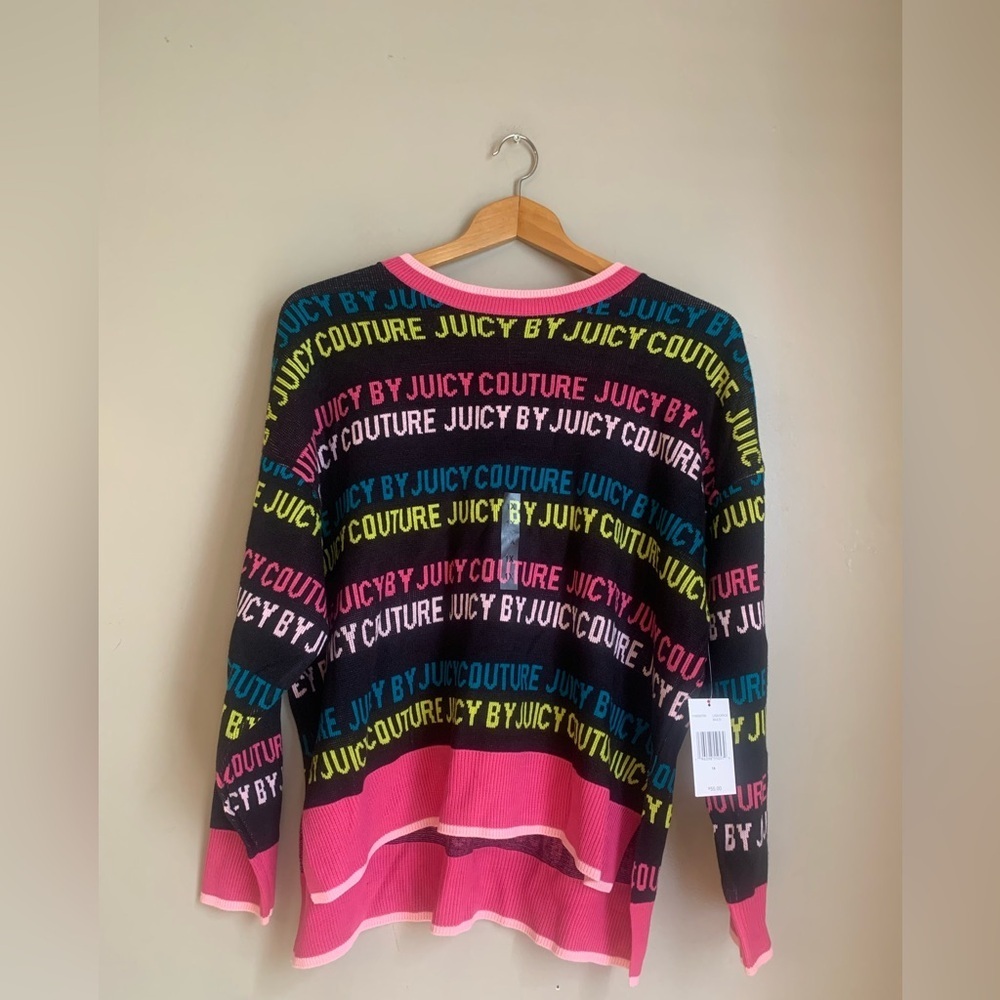 Juicy Couture Black Crewneck Sweater with Pink, Yellow, Blue & Teal Logo Stripes